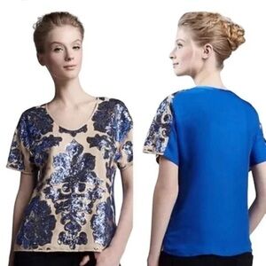 Tracy Reese Mixed Media Cap Sleeve Sequin Sheer Overlay Blue‎ Tan Size M Neiman
